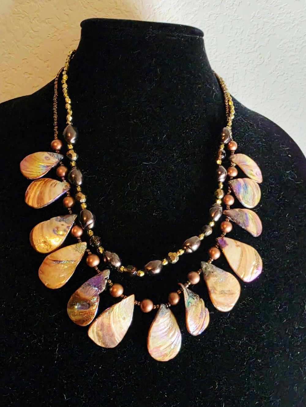 Esmor Vtg Iridescent Peacock Abalone Shell Fringe Necklace Fairy Mermaid Teardro